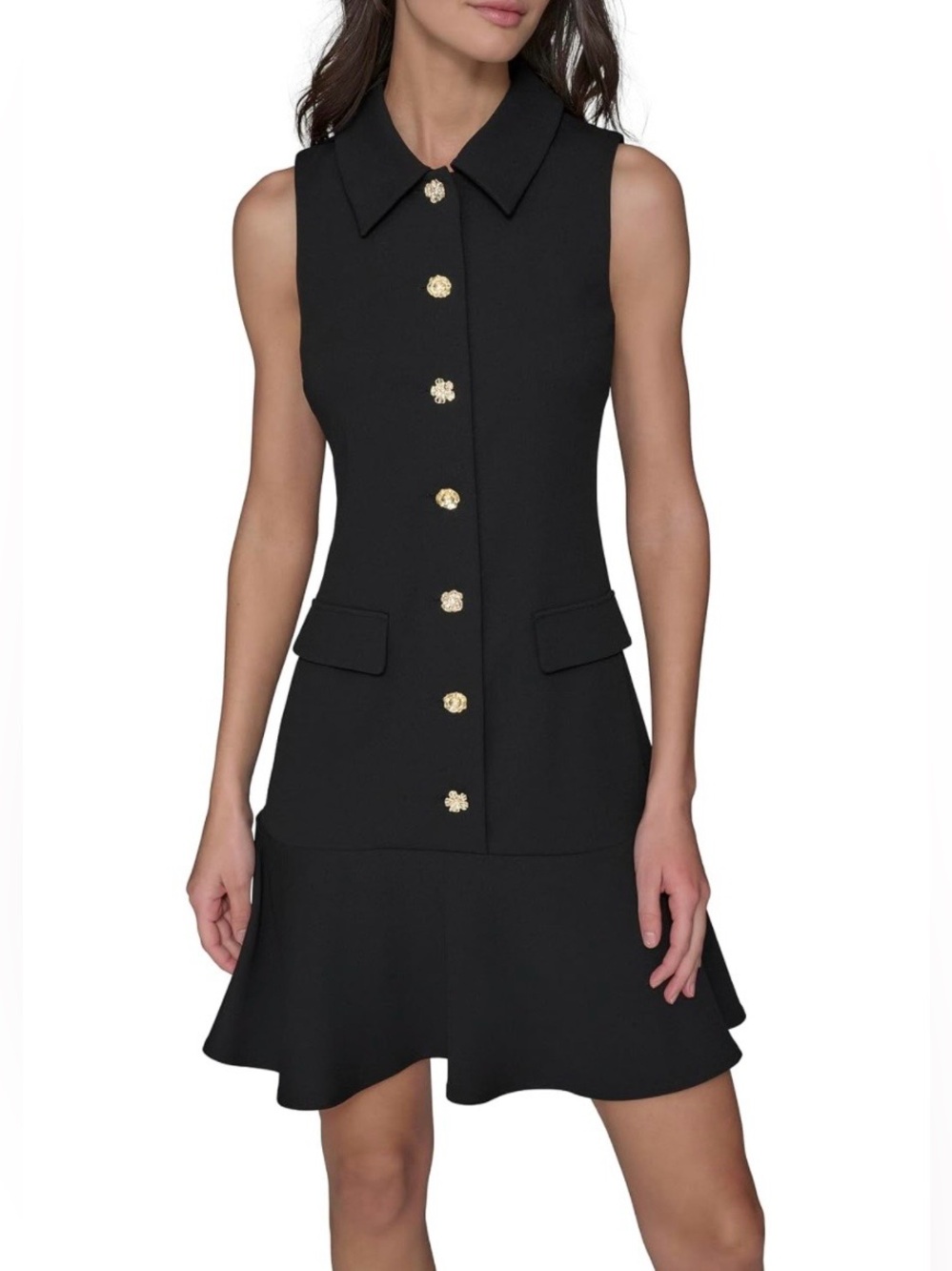 Karl Lagerfeld Flower-Button Collared Sleeveless Sheath Dress
